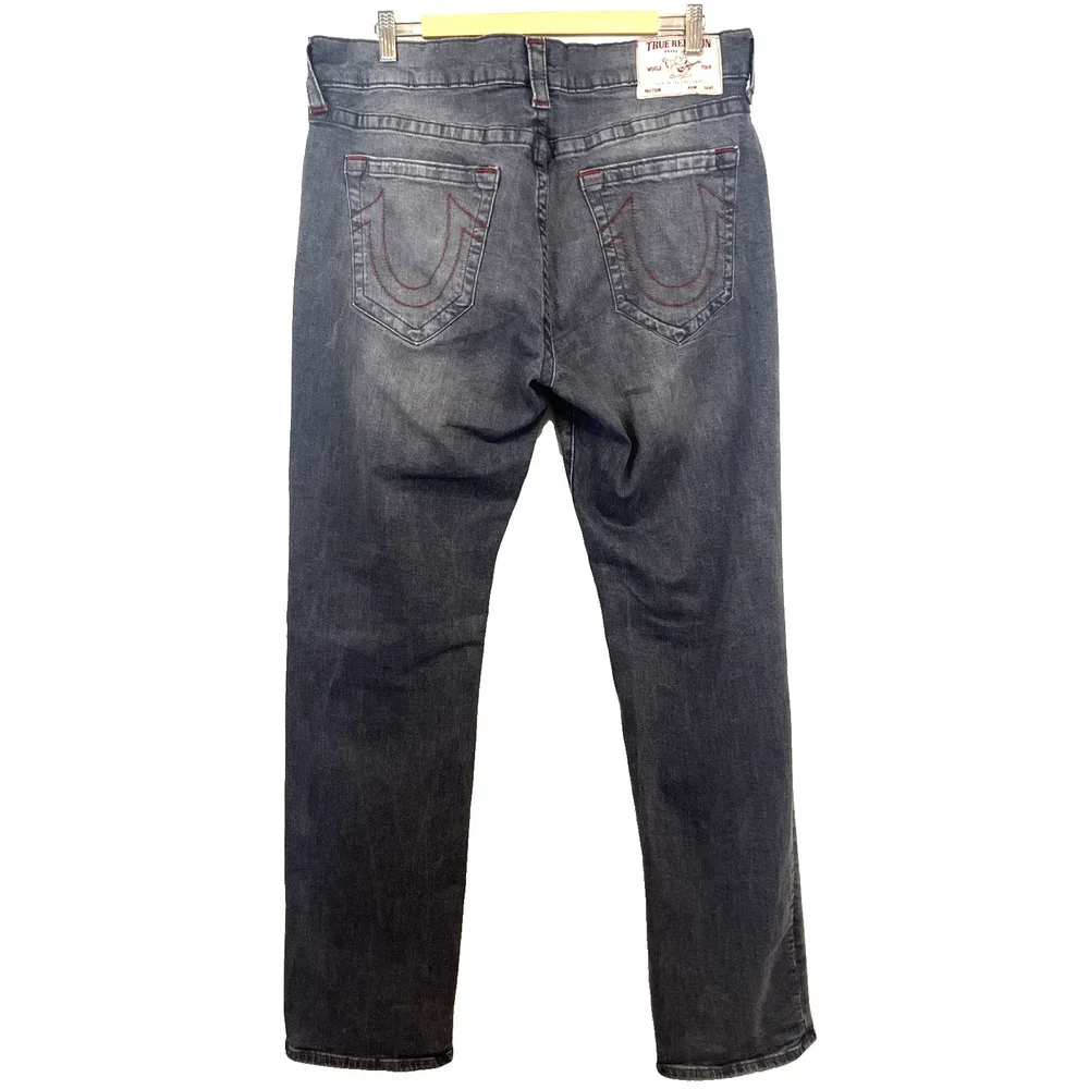 True Religion Men's Washed Gray Straight Jeans with Red Stitching